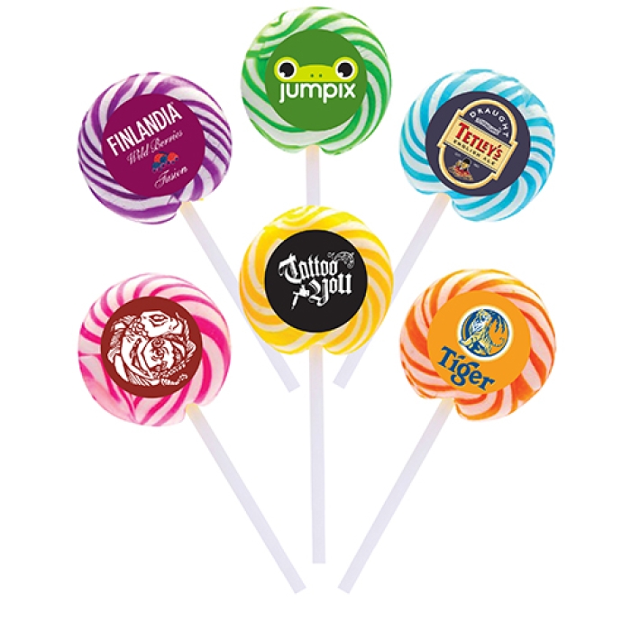 Custom Printed Swirl Lollipops with Round Label