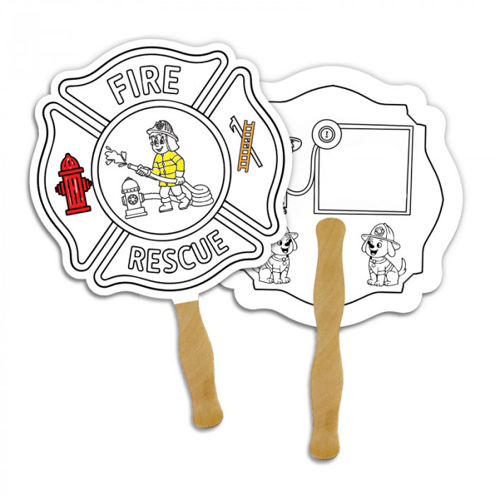 Custom Fire Badge Shape Full Color Double Sided Coloring Hand Fans - 16 pt